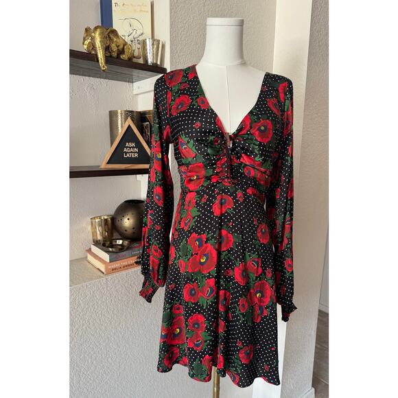 Free People Morning Light Black Print Long Sleeve Mini Dress Size 8 - Picture 2 of 7